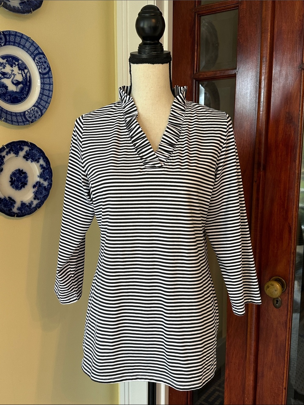 REZOBAY | Verona Stripe Cotton Knit 3/4 Sleeve Ruffle Portrait Neck Top, Size L
